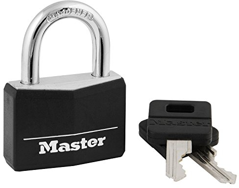 Master Lock Candado de aluminio cubierto negro, cerradura de armario de gimnasio con llave para uso en interiores o exteriores con cubierta de vinilo resistente a la intemperie, 141D