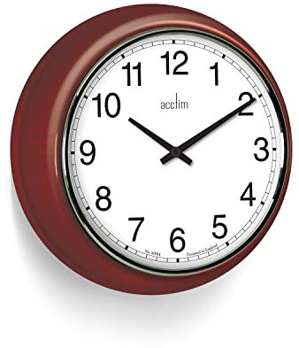 Acctim Lorene Wall Clock Quartz Metal Retro Chic Domed Glass Lens Red 24cm