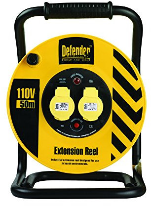 Defender E86500 50M Industrial Trade Cable Reel-16A 2 Way 1.5mm 110V, 110 V, Yellow