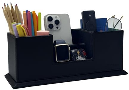 UnionBasic PU-Leder-Schreibtisch-Organizer, 4 Fächer für Stift/Bleistift/Handy, Schreibwaren-Halterung, Sammler, Organisieren von Schreibtischzubehör schwarz