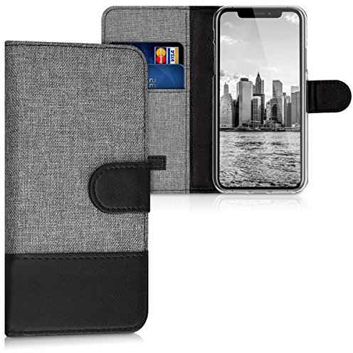 kwmobile Wallet Case kompatibel mit Apple iPhone X - Hülle mit Ständer - Handyhülle Kartenfächer Grau Schwarz