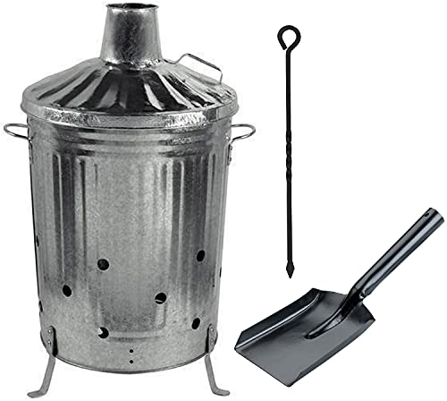 Small Medium Large 15L 60L 90L litre Metal Galvanised Garden Incinerator Fire Bin Burning Leaves Paper Wood Rubbish Dustbin Shovel and Poker Made in U. K. (90L INC with Shovel&Poker)