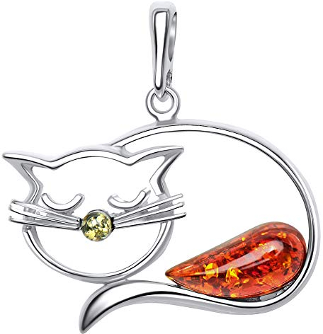 ANDANTE Premium Collection - Echter OSTSEE Bernstein Kettenanhänger in 925 Sterling Silber ** Katze ** Zertifiziert - Gold des MEERES - Farbe GRÜN und COGNAC