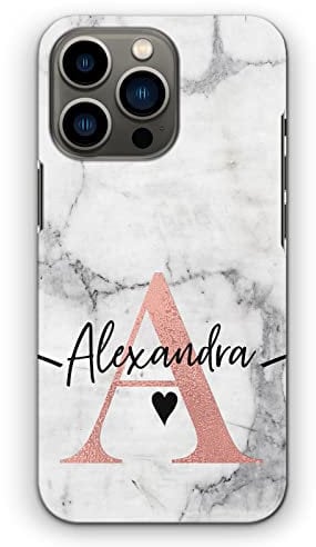 Personalised Initials Phone Case For Apple iPhones, 16, 15, 14,13, 12, 11, Pro Max, Mini, XR, SE White and Grey Marble with Custom Pink Initial and Black Heart Name, Marble Print Hard Phone Cover