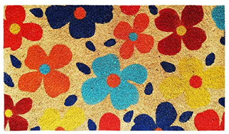 Banzaii Fußmatte aus Kokosfaser 40 x 70 cm mit Rutschfester Unterseite für den Außen - oder Innenbereich - Blumen