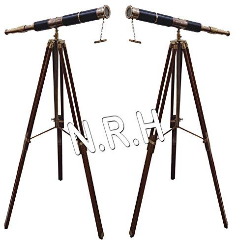 Nautical Replica Hub Standing Leather Brown Antique Telescope Floor Tripod Brown Wooden Stand Telescope 27