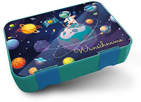 yabaduu Design Schutzfolie für Brotzeitbox Schmatzfatz Junior Passgenau 20,45x14cm Personalisiert Kinder Lunchboxsticker Aufkleber Matt Sticker Zubehör Lunchbox (Y047-04 Astronaut, Mit Wunschname)