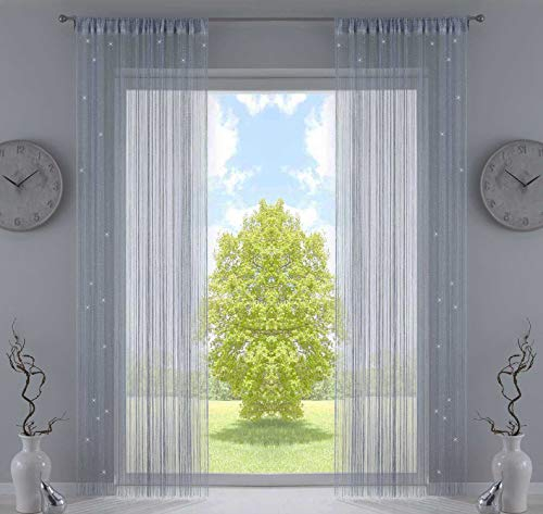 2er Set Fadengardine, HxB 250x140 cm, Grau Lurex mit Tunneldurchzug und eingenähtem Kräuselband, geeignet für Gardinenstangen und Gardinenschienen Fadenvorhänge Fadenstores Raumteiler, 20303CN2