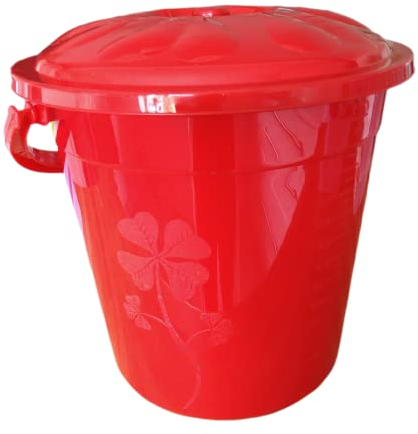 Plastic Bucket with Lid Handle Small Large Storage Bucket Bin Container Measures, Red, 10L