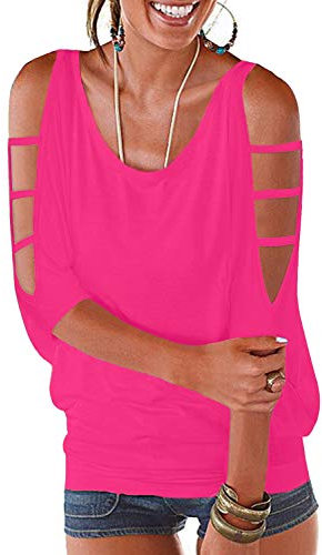 Ranphee Rosa Maglia Donna Elegante Maniche Corte Estive Cotone Collo Rotondo Spalle Scoperte Maglietta XL