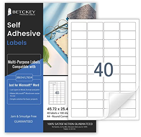 BETCKEY - 100 Fogli, 45 x 25mm, A4 Adesivi per Stampante, 40 Etichettes per Foglio, Carta Adesiva Stampabili per Stampante a Getto d'Inchiostro e Laser