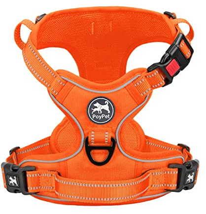 PoyPet No Pull Dog Harness, Reflective Dog Harness for No Choke Dogs, Soft Padded Pet Vest with Easy Control Handle(Orange Matching Trim, M)