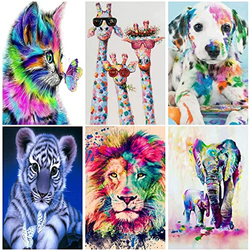 KETIEE Diamond Art Kits Adults 6 Pack Animals Diamond Painting Kits, 5D DIY Diamond Art Animals Cat Tiger Lion Giraffe Elephant Dog Diamond Art Kits for Adults Kids Gift Home Wall Decor 12x16inch