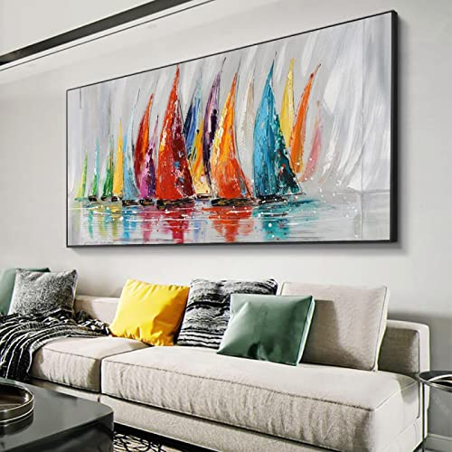 KADING Tableau abstrait sur toile Peinture colorée de bateau à voile Peintures à l'huile sur toile de grande taille Art mural moderne pour décor de salon 144x70cm (57x28in) avec cadre