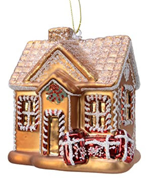 Kaemingk Christbaumschmuck Glas 10cm Weihnachtshaus mit Glitzer Weihnachtskugeln festliches Haus Gold