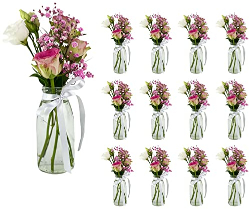 Casavetro Lot de 12 Flacons en Verre Style Maison de Campagne - Vase de Table Avec Nœud Blanc - Bouteilles Décoratives (12 x 250 ml - Vase à Lait + WS)