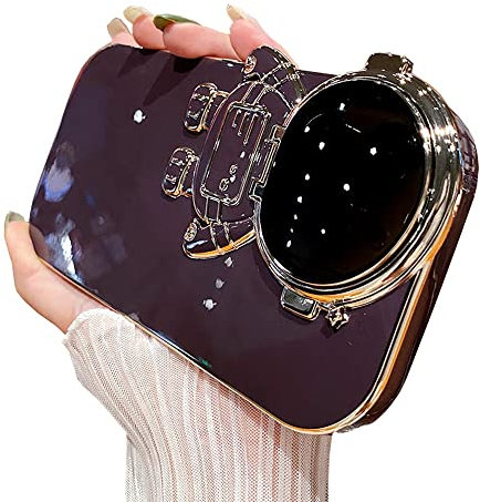 QoKcoahn Astronaut Hidden Stand Phone Case for iPhone 13 Pro Max,Cute Astronaut Lens Camera Protector Kickstand Luxury Glitter Bling 6D Electroplated Clear Soft TPU Protector for Men Women Purple