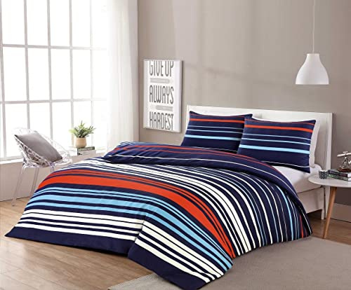 Homespace Direct Pedro Multi Stripe Duvet Cover Set Bedding Blue/Red Modern Single