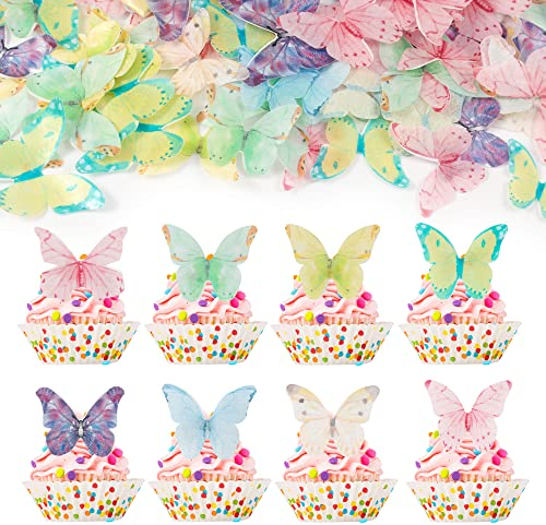 Gyufise 40Pcs Edible Multicolor Butterfly Cupcake Toppers Edible Butterfly Cake Decorations Wafer Paper Butterfly Decoration for Baby Shower Kids Birthday Wedding Party Supplies Light
