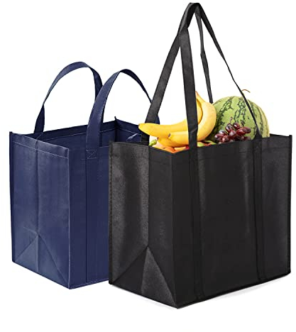 PFLYPF 2 Sacchetti per la Spesa con Manici, Borsa per la Spesa Pieghevole e Portatile, in Tessuto Non Tessuto, Nero, 32 x 25 x 38 cm