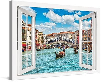 PICANOVA – Stampa su Tela 30x20cm Ponte di Rialto Venezia Finestra – Quadro su Tela Moderno Incorniciato con Spessore di 2cm – Arte della Parete – Foto Decorazione Come Dipinto per Soggiorno