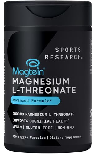 Sports Research® Magnesium L-Threonate Capsules 2000mg - High-Absorption Magtein® for Enhanced Brain Health, Memory, Focus & Restful Sleep Support - Vegan · Non-GMO · Gluten Free - 180 Count