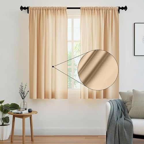 Encasa XO Rideaux Solides en Polyester avec Cravate, 140x137 cm Window Ensemble de Panneaux de 2 - Beige, Poche de Canne, filtrage léger, Rideaux pour la Porte, Chambre, Salon