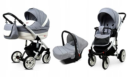 BabyLux® Bambimo Kinderwagen Set 3 in 1 - Lilly - incl. Babywanne, Buggy Sportsitz, Auto-Babyschale - Autositz - Kinderwagenset - Kombikinderwagen mit Wickeltasche, Regenschutz usw.