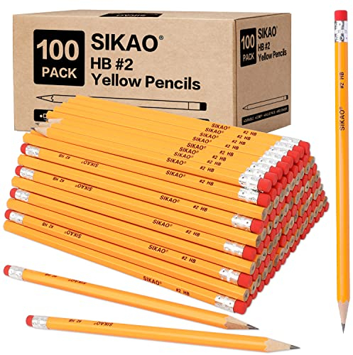 Sikao Bleistifte, Gro?packung, 100 Stück, 2 HB, gelber Graphit-Bleistift mit Radiergummis, Büro, Schule, Klassenzimmer, Zubeh?r für Kinder, Lehrer, Studenten, Zeichnen, Skizzieren