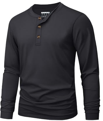 MAGNIVIT Mens Long Sleeve Henley Shirt Cotton T-Shirts Basic Tops Black L