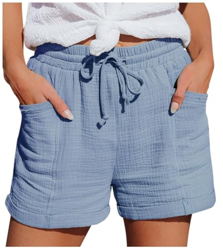 MJIQING Shorts Damen Sommer Leinen Musselin Kurze Hose Beach Shorts Mit Taschen Mode Lässige Stoffhose hoher Taille Stretch Gerades Bein Sport Shorts mit Kordelzug Leinenhose(#02-Blue S)