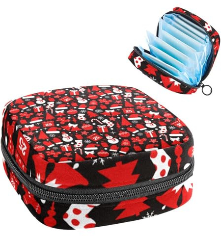 Perioden Kit Tasche für Mädchen und Damen, rot, Weihnachtsschneemann, Handschuh-Hut, Muster, Damenbinden, Entsorgungsbeutel, große Kapazität, Reißverschluss, Menstruationspolster