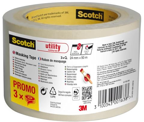Ruban de masquage Scotch Utility, 24 mm x 50 m, 3 Rouleaux/Emballage, 70% PEFC, SGSCH-PEFC-COC-110078