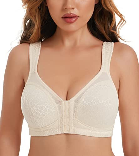 Curyon Women's Front Closure Back Support Minimiser Bra Full Figure Jacquard Nude 44B