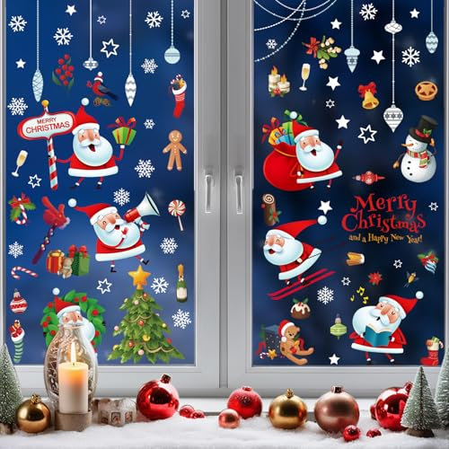 YIHELU Pegatinas de Navidad para Ventanas - Vinilo Decorativo con Reno y Santa Claus - Adhesivos Reutilizables para Cristal y Vidrio - Decoración Invernal de PVC para Escaparates y Puertas