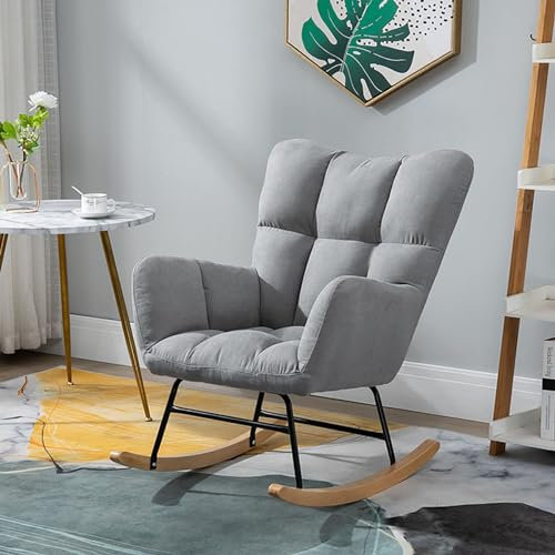 nordischer Schaukelstuhl Einzelsofa Kaminschaukelstuhl Lounge-Ohrensessel aus Patchwork-Stoff mit Beinen aus Massivholz Freizeitstühle aus Baumwolle und Leinen für Wohnzimmer, Schlafzimmer und Bü