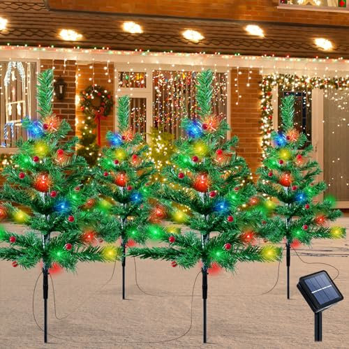 Árbol de Navidad Artificial con Guirnalda Luces Solar, 4 Árboles de Navidad con 80LED Luces Colores, Árbol con Navidad Bayas Rojas, Luces de Navidad Exteriores Decoración de Navidad Exteriore Jardín