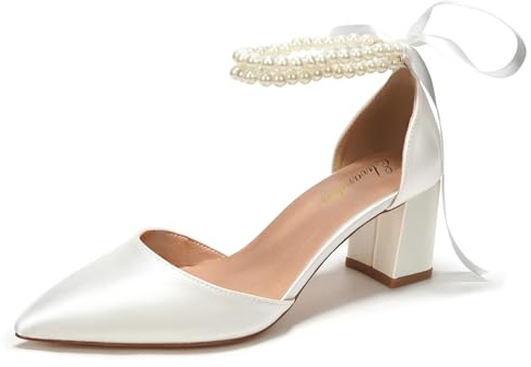 Elivandon J1585 Damen Satin Spitze Zehen Mittlerer Absatz Abend Sandalen 6 cm Blockabsatz Braut Party Hochzeit Pumps mit Doppel Perlen Riemen Farbe Elfenbein,Größe 39 EU (5.5 UK)