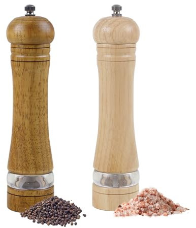 ManGotree Ensemble Moulin à Poivre et Sel | Bois Massif Naturel avec Fenêtre en Acrylique | Finesse Réglable – Idéal pour La Cuisine Gastronomique, 21,6 cm, Lot de 2 (Naturel+Noyer)