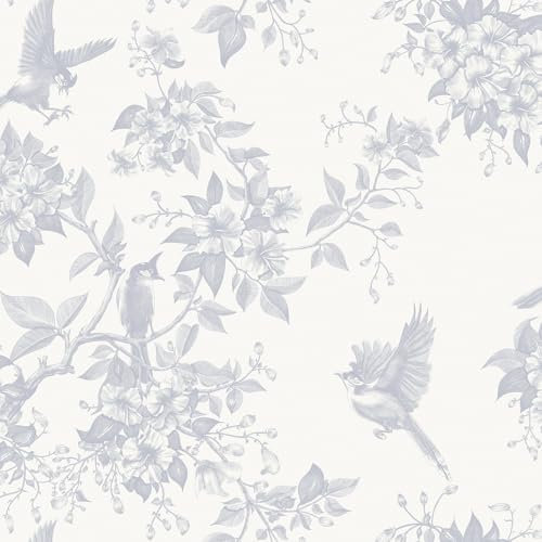 Yomshi Peel and Stick Wallpaper Grey 44x300CM Flower Bird Self Adhesive Wallpaper Vintage Vinyl Wrap Waterproof Furniture Sticker Sticky Back Plastic for Living Room Bedroom Bathroom