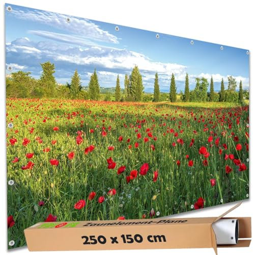 TRIOSK Sichtschutz Garten Deko Zaun Plane Blickdicht groß mit Zaunblende Motiv Mohnblumen Wiese für Balkon Terrasse Zaunelement Doppelstabmatten Gartenzaun PVC 250x150 cm