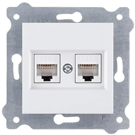 EXEN - Double Réseau Murale Encastrée RJ45 Cat.6 avec 2 Ports Ethernet - Prise Murale Blanc pour Bureau, Maison, Routeur - Compatible avec Les Séries KARELL/ODAK/COMFORT – 254/01E