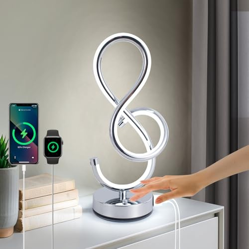 Vloitgol Nachttischlampe LED, Moderne Spiral Tischlampe LED, 3 Farbtemperaturen, Touch Control, Dimmbare Tischleuchte mit USB und Type-C Anschluss, Nachtlicht für Schlafzimmer Wohnzimmer Büro - Silber