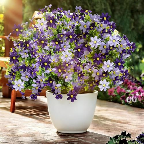 Artificial Flowers Outdoor Fake Flower 4 Bundles Purple Faux Silk Daisy | Realistic Faux Plants Flower Bulk UV Resistant for Outside Indoor Porch Patio Window Box Planter Home Decor