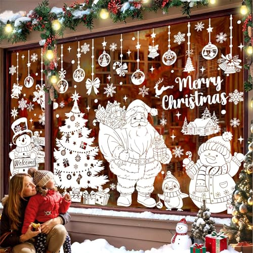 decalmile Christmas Santa Claus Double Sided Window Clings Xmas Tree Snowman Snowflakes Anti-Collision Glass Doors Window Stickers Decals