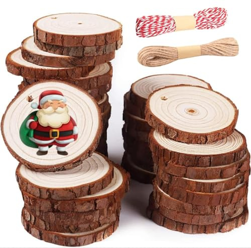 pangutheos 30 Pièces Rondin de Bois, Tranches de Bois Naturel, Perforé avec Cordon pour Decoration Noel, Peinture, Bricolage, Décoration de Fête, Mariage