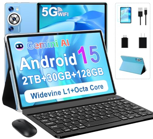 Android 15 Tablet 30GB RAM 128GB ROM 1TB TF, 2025 Elektronik Tablets 10.1 Zoll 8000mAh mit Tastatur Maus, 2.0GHz, 5G WiFi, BT 5.0, GMS-zertifiziert, Incell Display, Gemini AI - Metall Blau