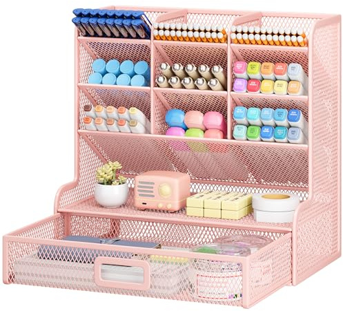 VITVITI Schreibtisch Organizer, 9 Fächer Stiftehalter mit Schublade, Netz Stifte Regal aus Metall, Stiftehalter Schreibtisch für Schule Heim Büro (Rosa)