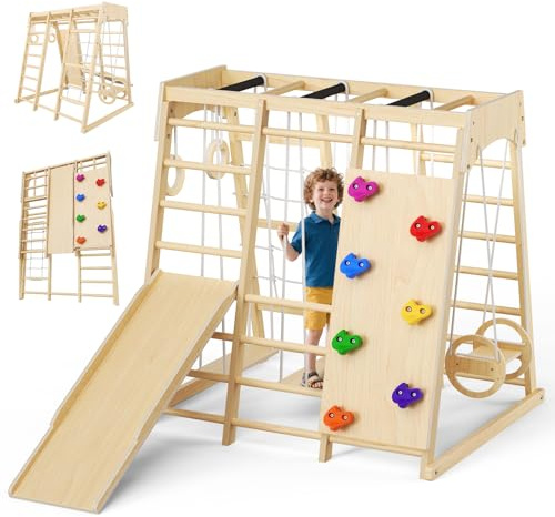9 in 1 Climbing Frame, Kids Climbing Set, Jungle Gym for 2-5yrs Kids, Solid Wood, Toddlers Climber Toys with Slide/Swing/Suspension Bridge/Gymnastic Rings/Climbing Rope & Wall
