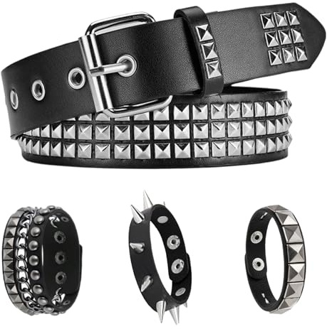RQcMid Nietengürtel Damen und Herren, 4er Set Gürtel mit Nieten, Emo Gürtel und Nietenarmband, Accessories für verschiedene Anlässe, Schwarz mit silbernen Pyramiden und viereckigen Nieten